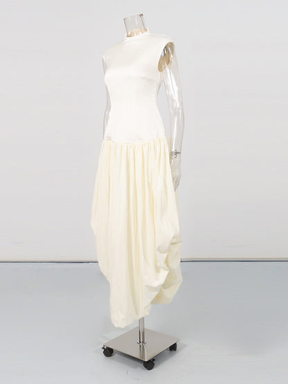 Beige High-Neck Sleeveless Asymmetric Balloon Dress