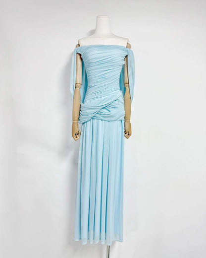Ice Blue Off-the-Shoulder Ruched Maxi Dress