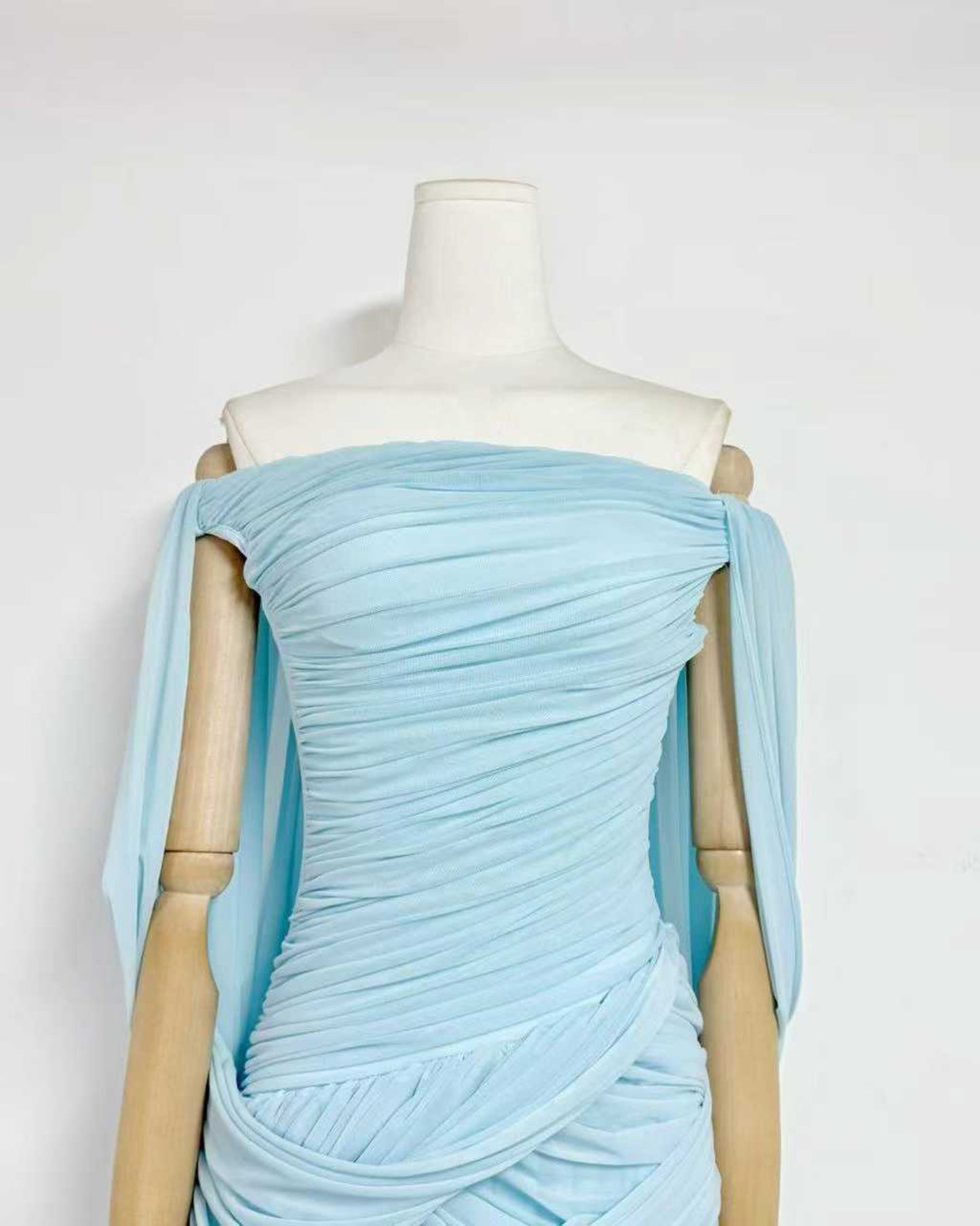 Ice Blue Off-the-Shoulder Ruched Maxi Dress