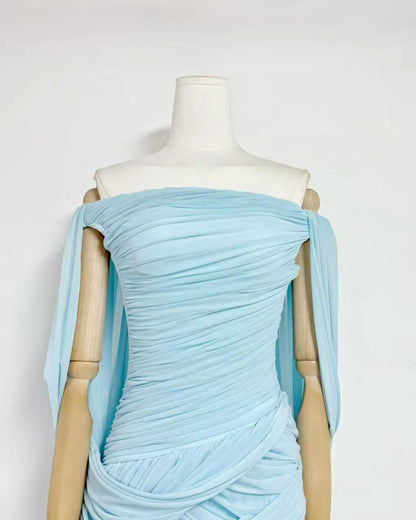 Ice Blue Off-the-Shoulder Ruched Maxi Dress