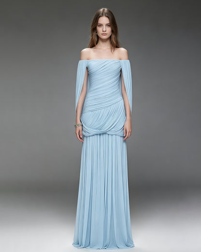 Ice Blue Off-the-Shoulder Ruched Maxi Dress