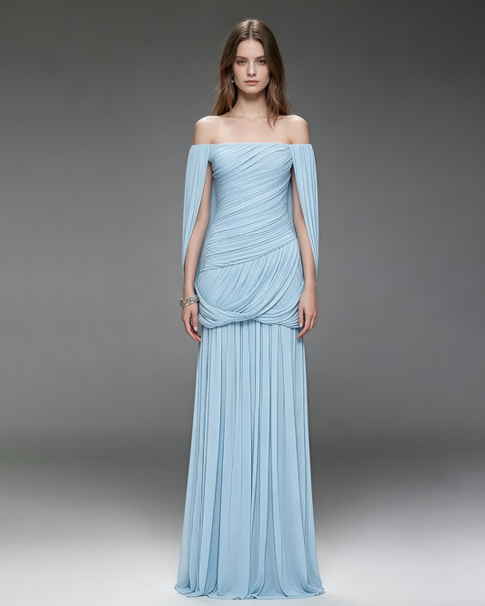Ice Blue Off-the-Shoulder Ruched Maxi Dress