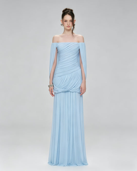 Ice Blue Off-the-Shoulder Ruched Maxi Dress