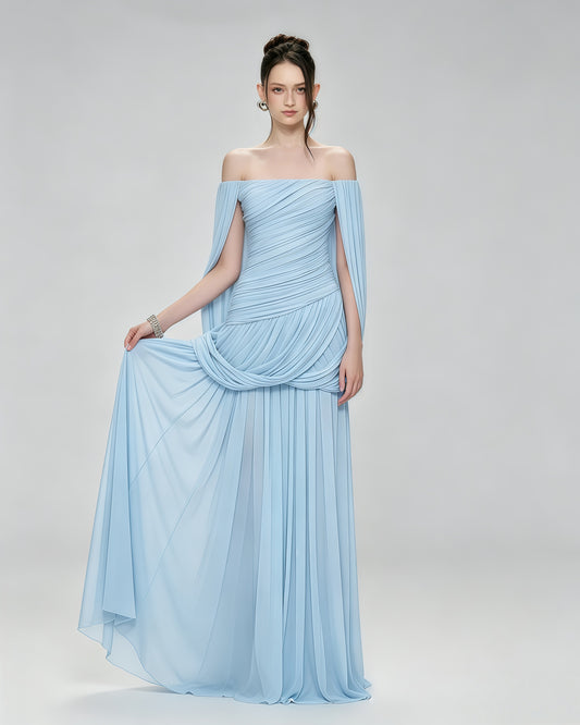 Ice Blue Off-the-Shoulder Ruched Maxi Dress