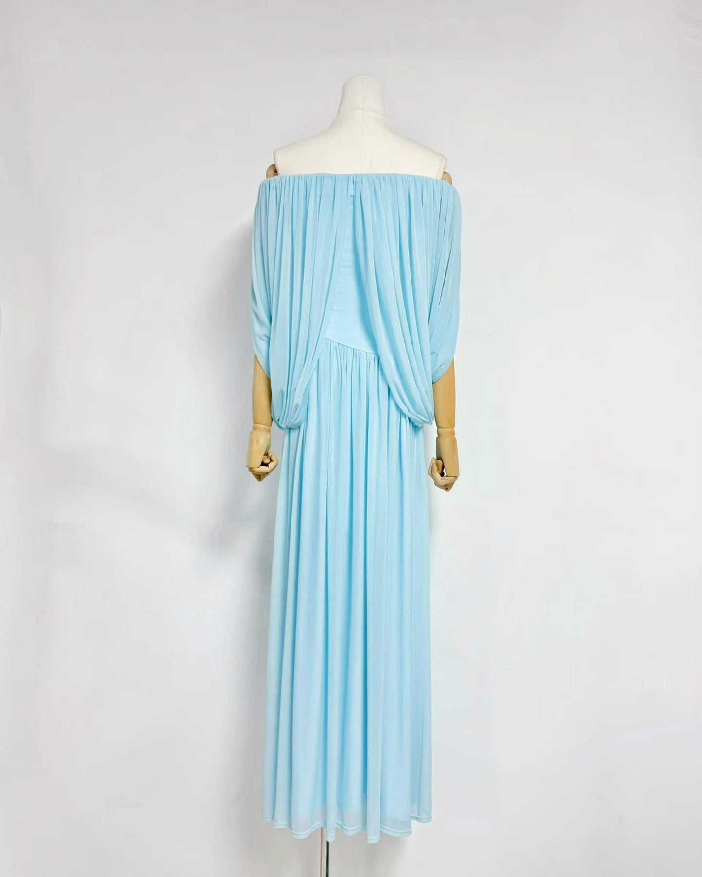 Ice Blue Off-the-Shoulder Ruched Maxi Dress