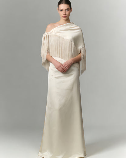 Apricot Satin Fringe Shawl Maxi Dress