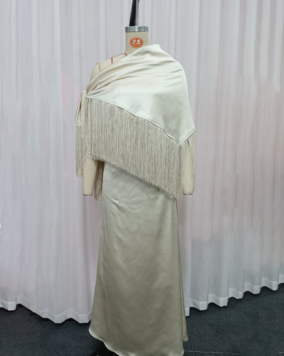 Apricot Satin Fringe Shawl Maxi Dress