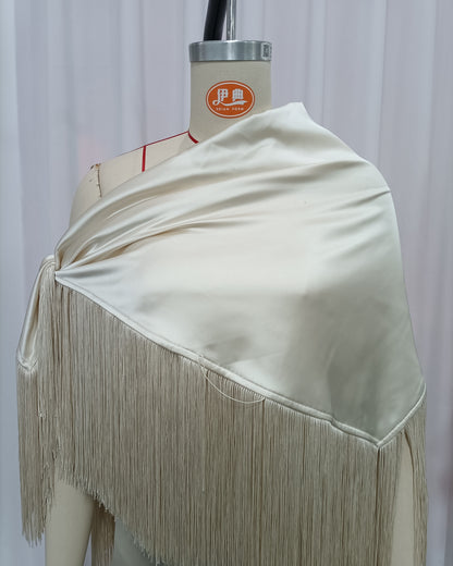 Apricot Satin Fringe Shawl Maxi Dress