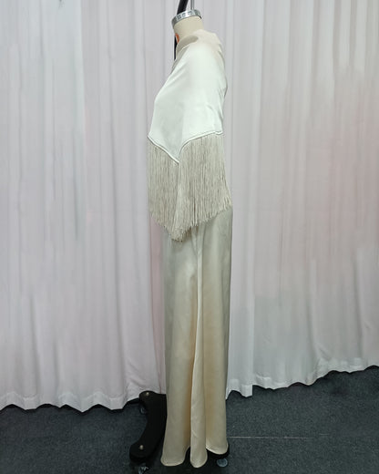 Apricot Satin Fringe Shawl Maxi Dress
