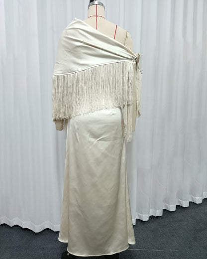 Apricot Satin Fringe Shawl Maxi Dress