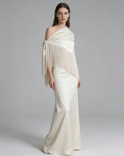 Apricot Satin Fringe Shawl Maxi Dress