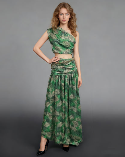 Green Palm Print One-Shoulder Top & Maxi Skirt Set