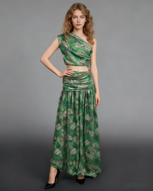 Green Palm Print One-Shoulder Top & Maxi Skirt Set