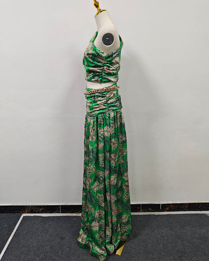 Green Palm Print One-Shoulder Top & Maxi Skirt Set