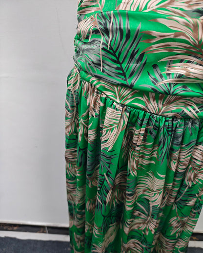 Green Palm Print One-Shoulder Top & Maxi Skirt Set