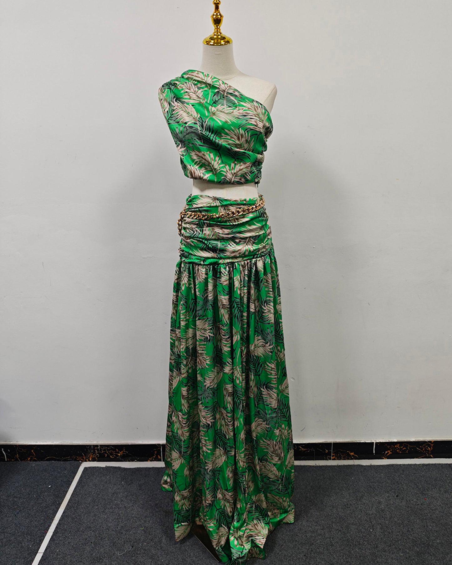 Green Palm Print One-Shoulder Top & Maxi Skirt Set