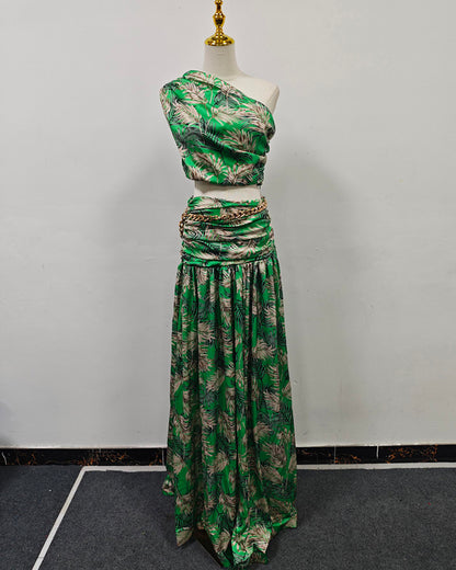 Green Palm Print One-Shoulder Top & Maxi Skirt Set