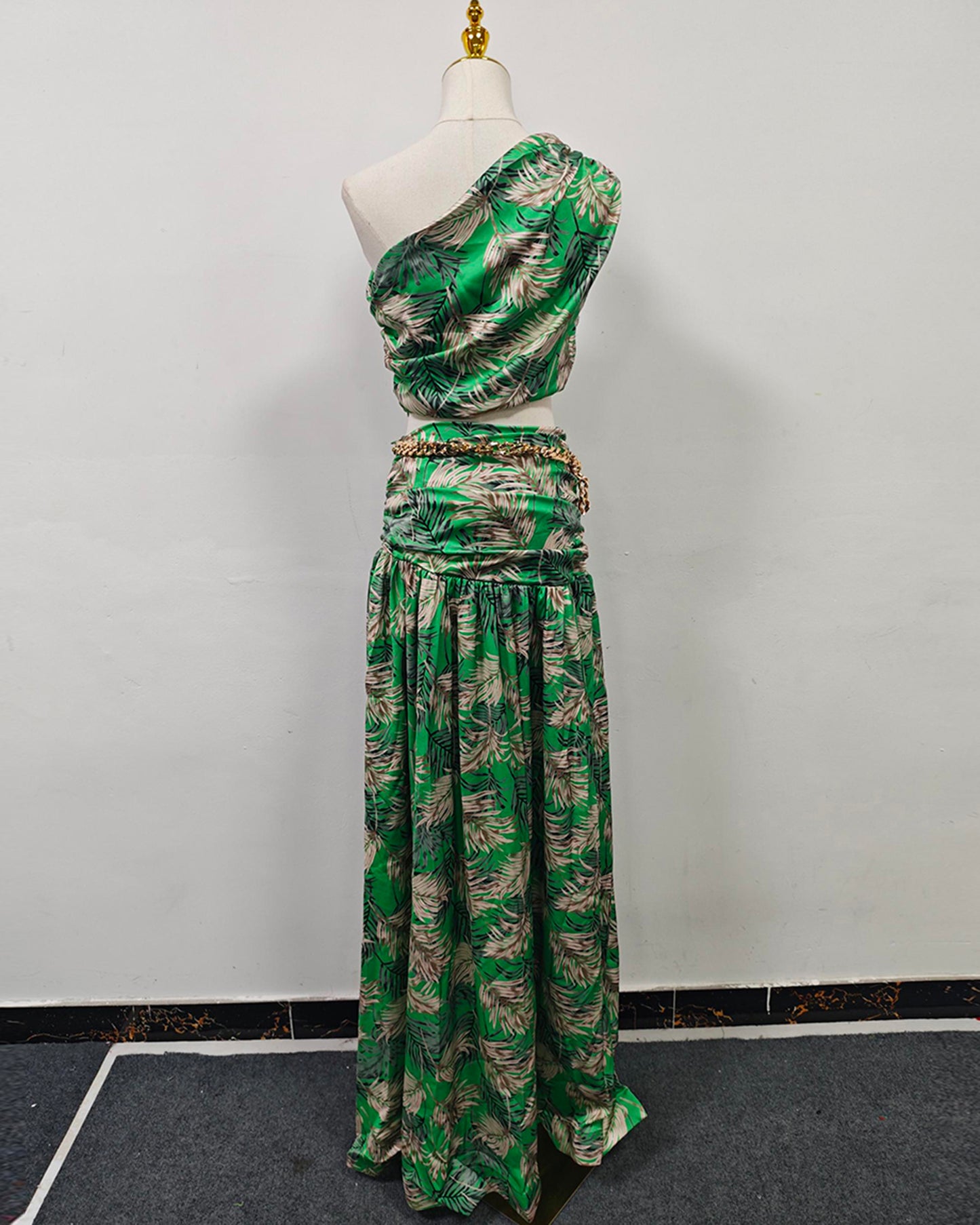 Green Palm Print One-Shoulder Top & Maxi Skirt Set