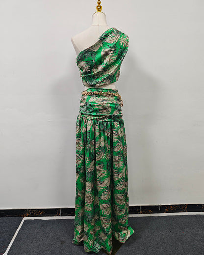 Green Palm Print One-Shoulder Top & Maxi Skirt Set