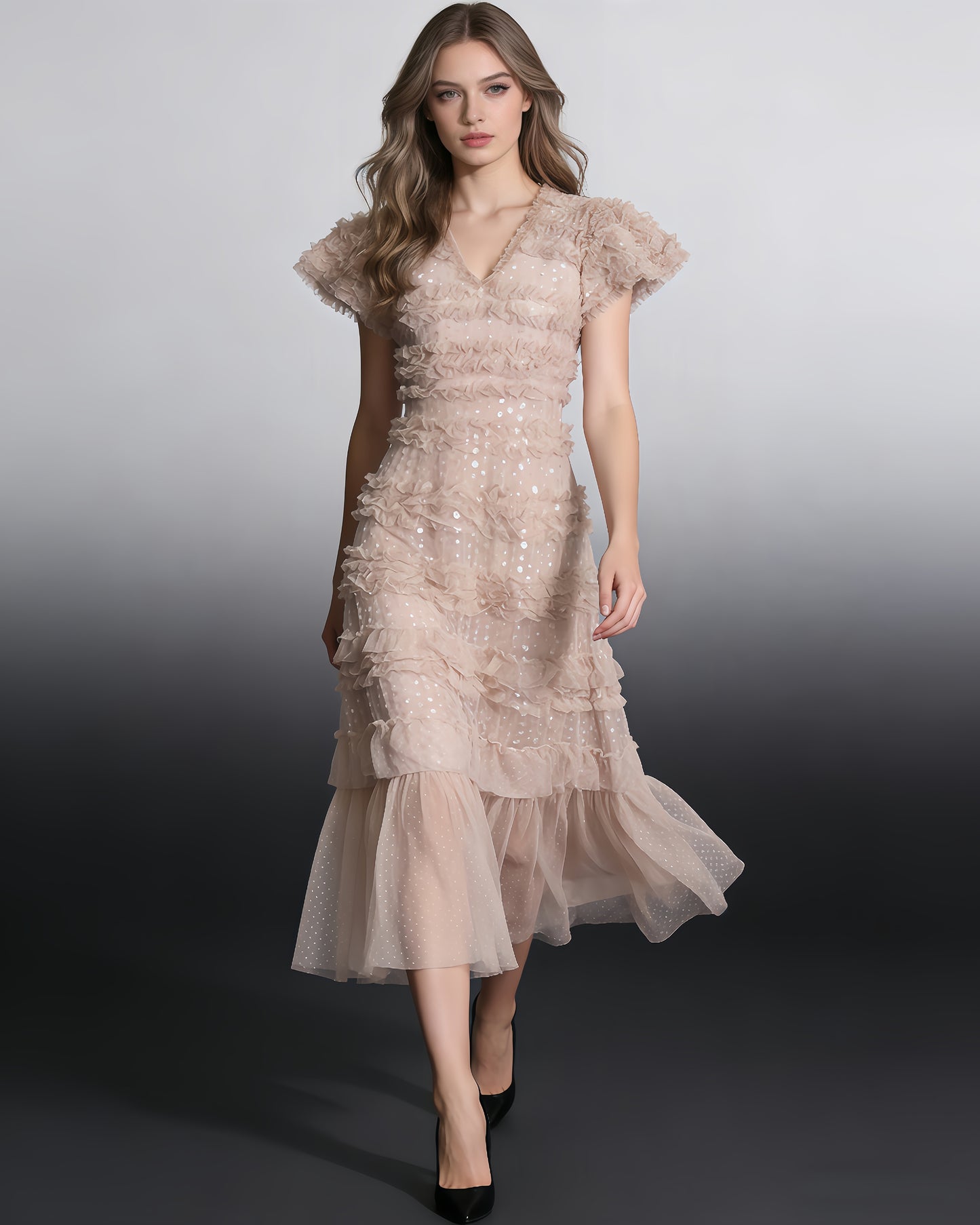 Khaki 3D Floral Ruffled Tulle Maxi Dress