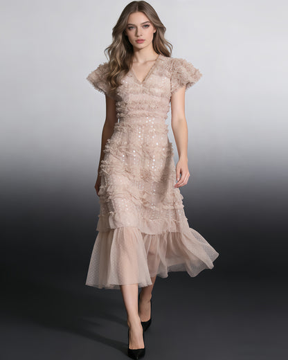 Khaki 3D Floral Ruffled Tulle Maxi Dress