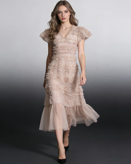 Khaki 3D Floral Ruffled Tulle Maxi Dress