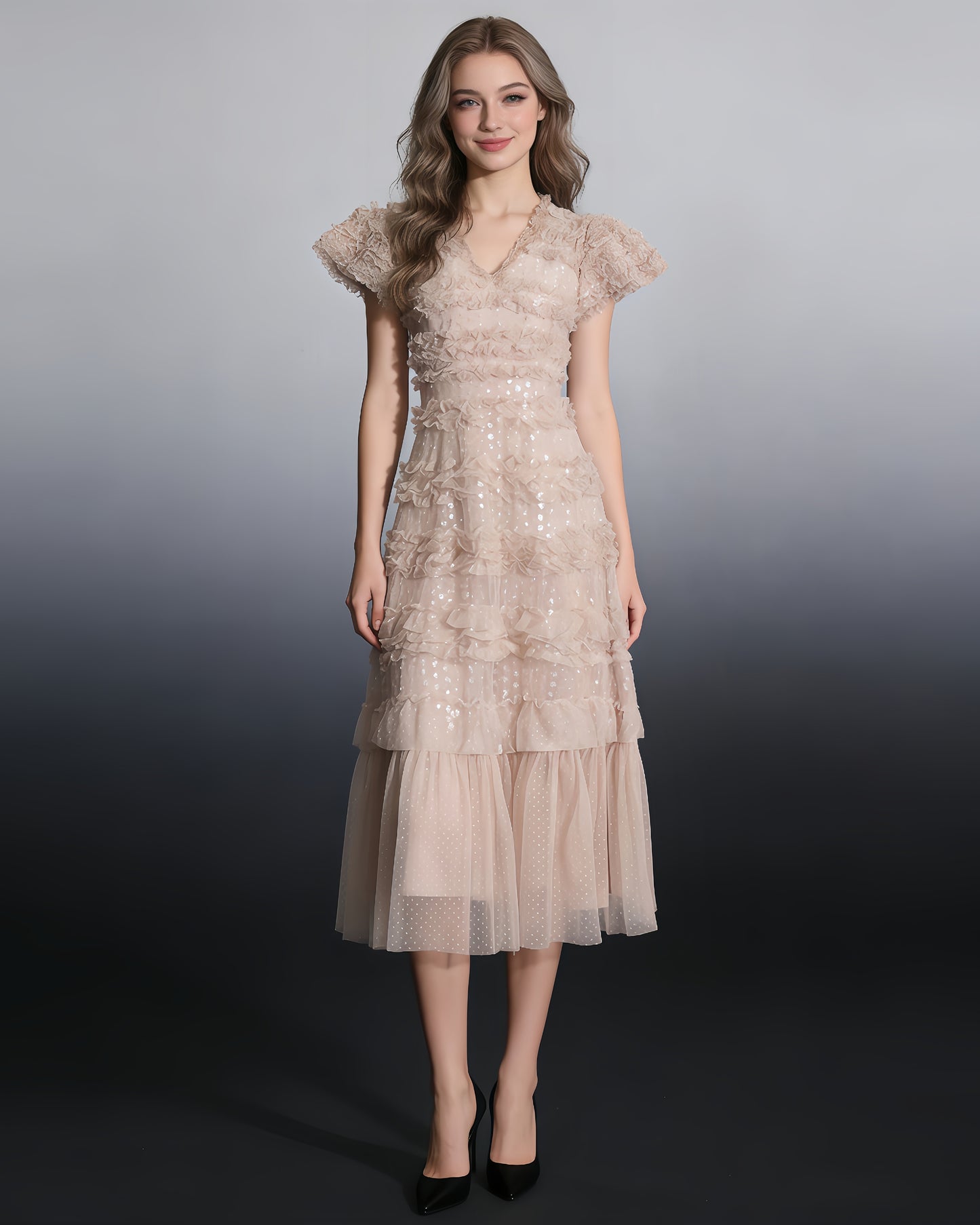 Khaki 3D Floral Ruffled Tulle Maxi Dress