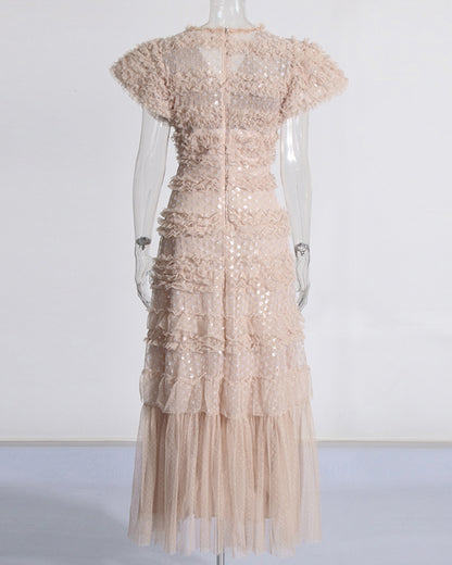 Khaki 3D Floral Ruffled Tulle Maxi Dress