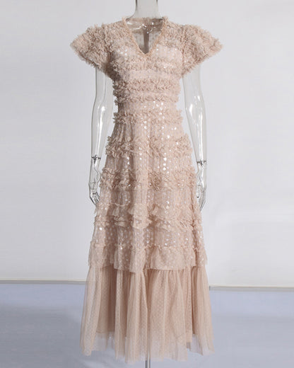 Khaki 3D Floral Ruffled Tulle Maxi Dress