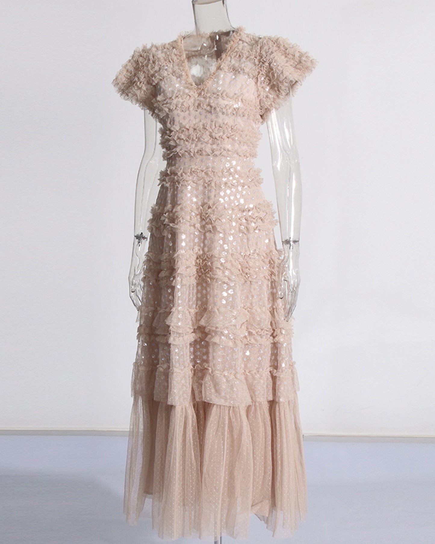 Khaki 3D Floral Ruffled Tulle Maxi Dress