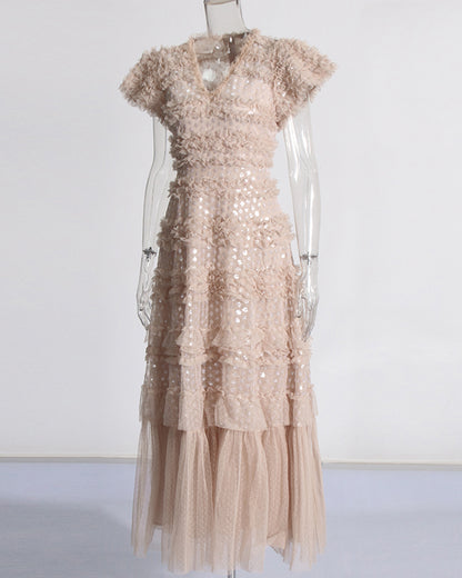 Khaki 3D Floral Ruffled Tulle Maxi Dress