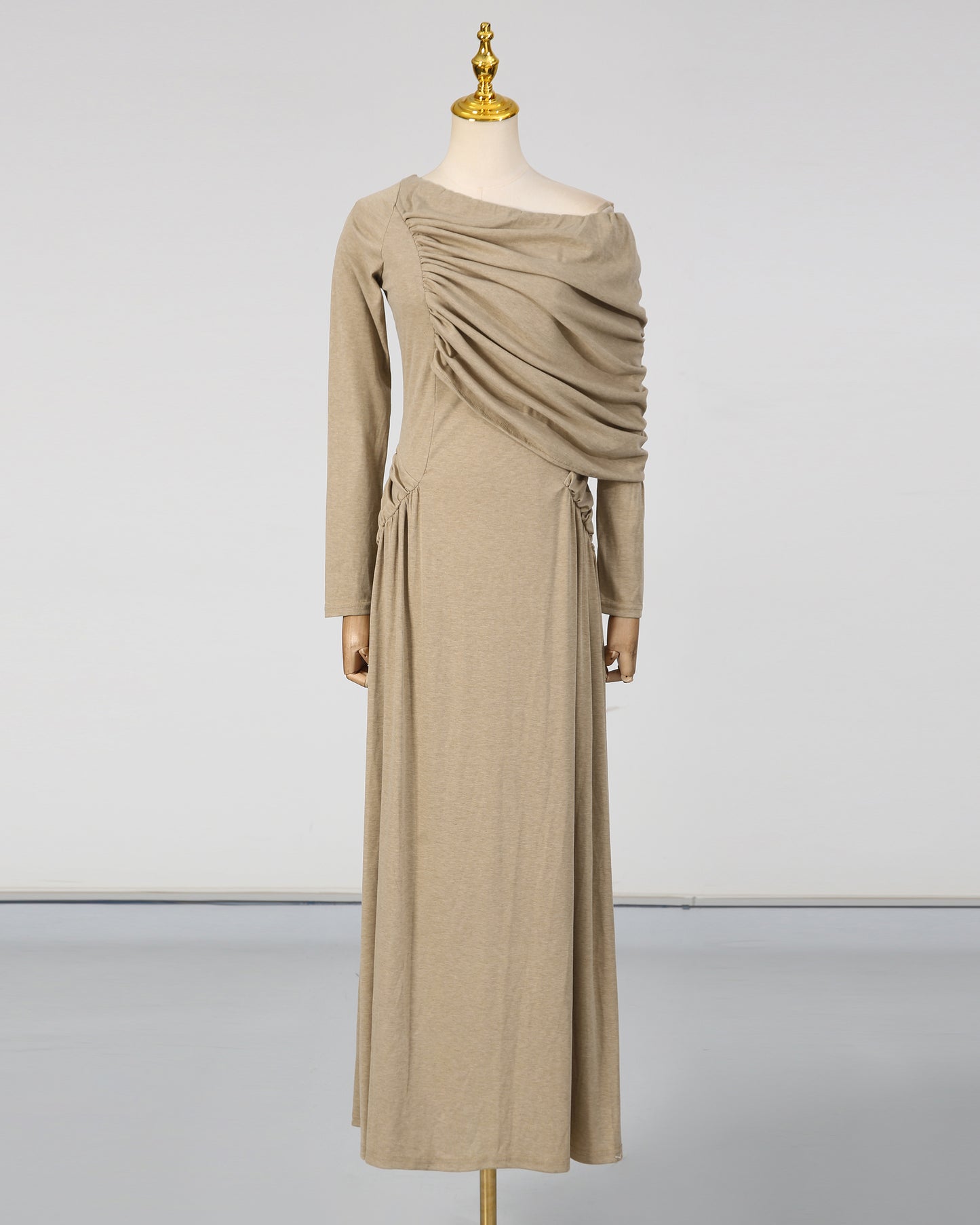 Khaki Asymmetrical Draped Maxi Dress