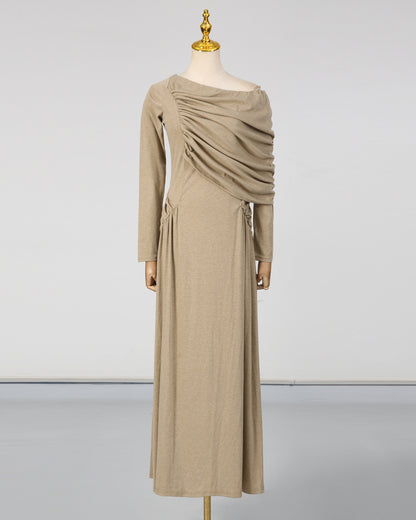 Khaki Asymmetrical Draped Maxi Dress