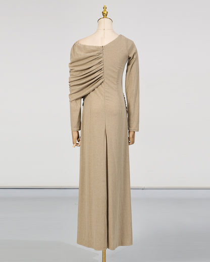 Khaki Asymmetrical Draped Maxi Dress