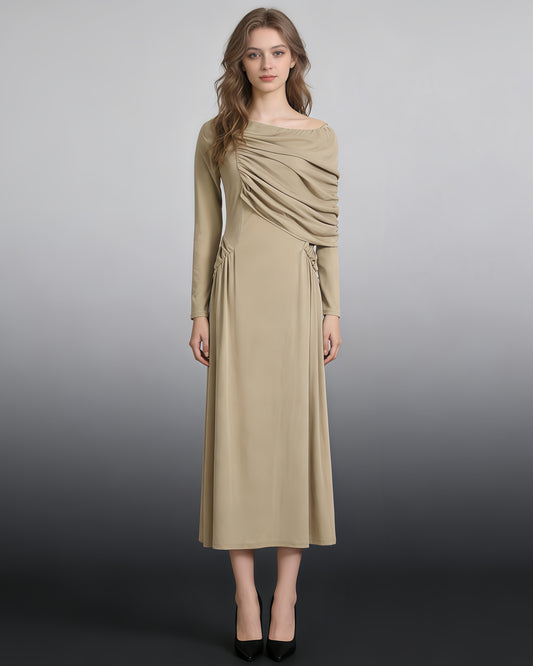 Khaki Asymmetrical Draped Maxi Dress