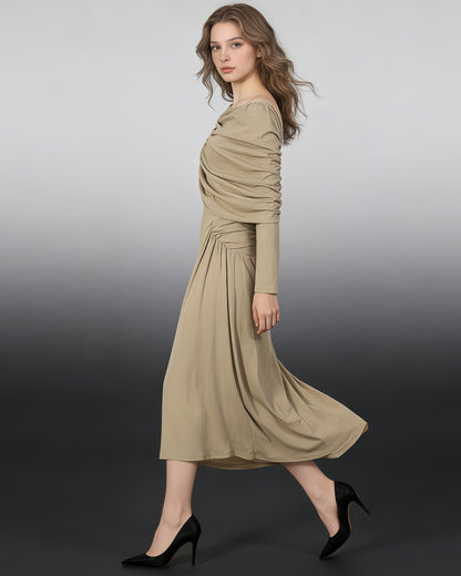 Khaki Asymmetrical Draped Maxi Dress