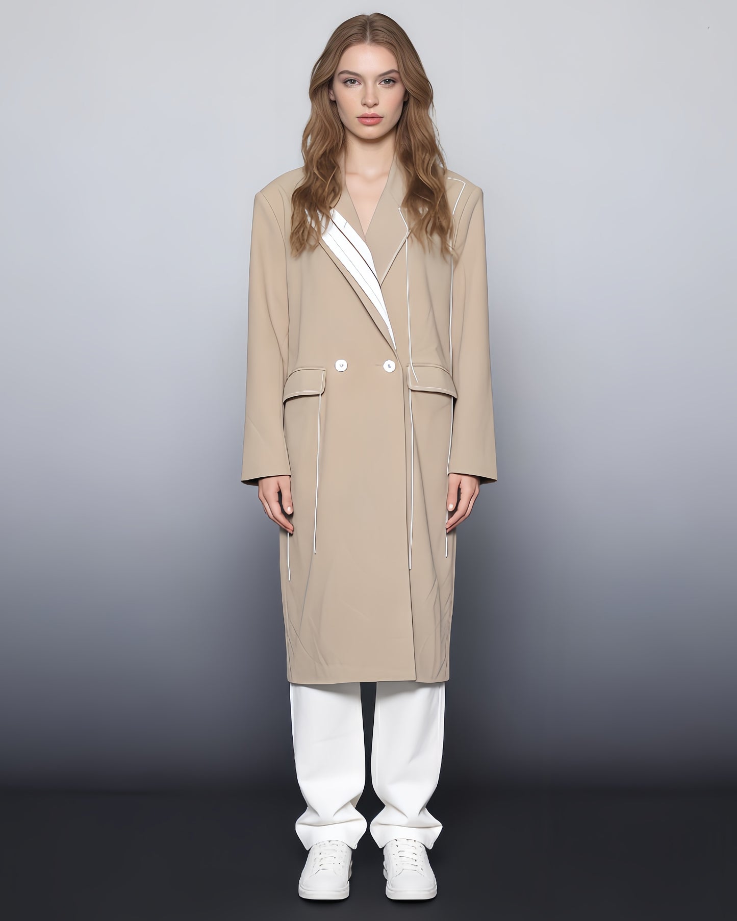 Khaki Coat with Contrast Stitching & Asymmetrical