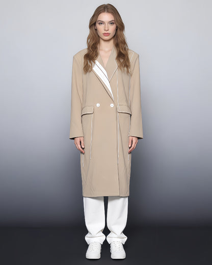 Khaki Coat with Contrast Stitching & Asymmetrical