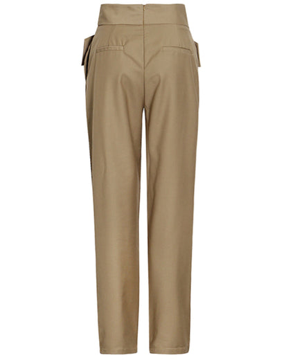Khaki Cross-Waist Button-Accent Tapered Pants