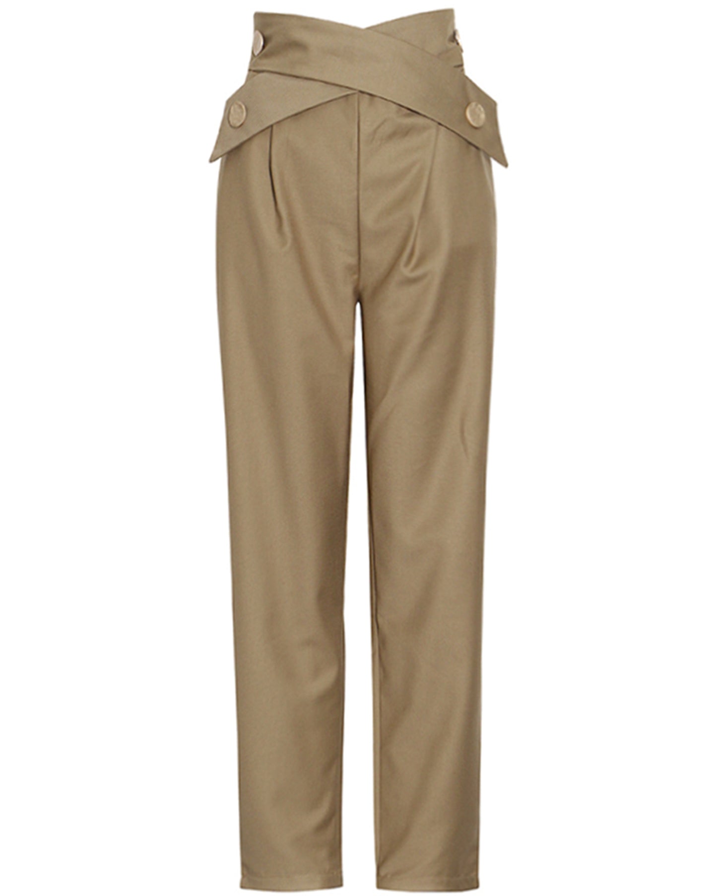 Khaki Cross-Waist Button-Accent Tapered Pants