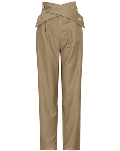 Khaki Cross-Waist Button-Accent Tapered Pants