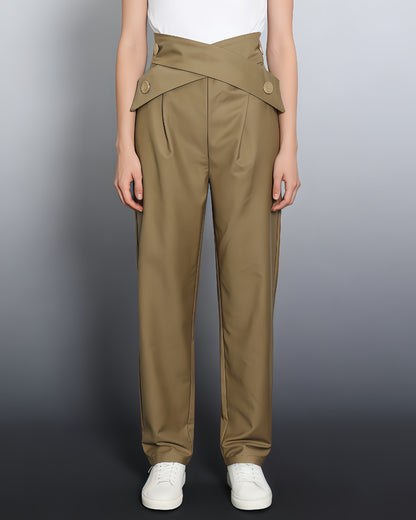 Khaki Cross-Waist Button-Accent Tapered Pants