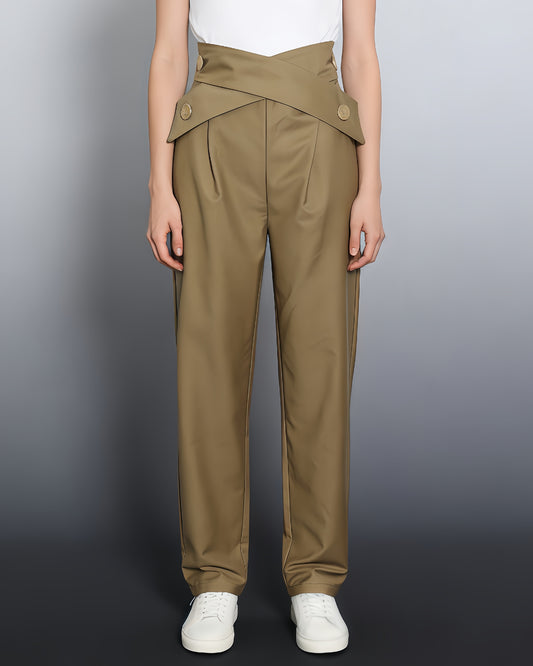 Khaki Cross-Waist Button-Accent Tapered Pants