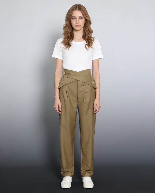 Khaki Cross-Waist Button-Accent Tapered Pants