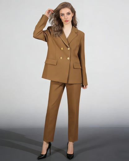 Khaki Double-Breasted Gold Button Blazer