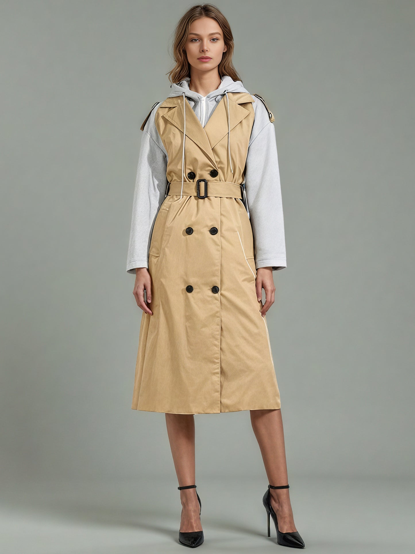Khaki Hooded Double-Breasted Trench Coat
