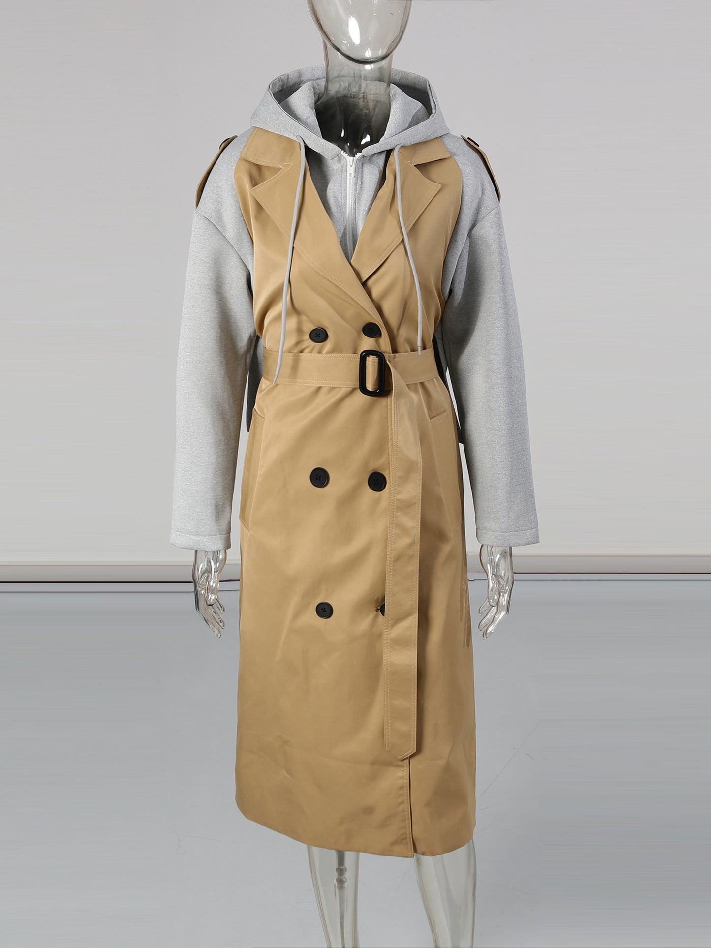 Khaki Hooded Double-Breasted Trench Coat