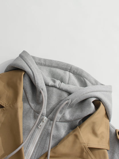 Khaki Hooded Double-Breasted Trench Coat