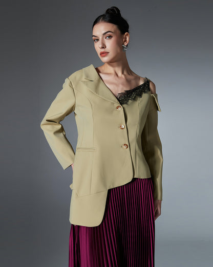 Khaki Lace Cutout Asymmetric Blazer