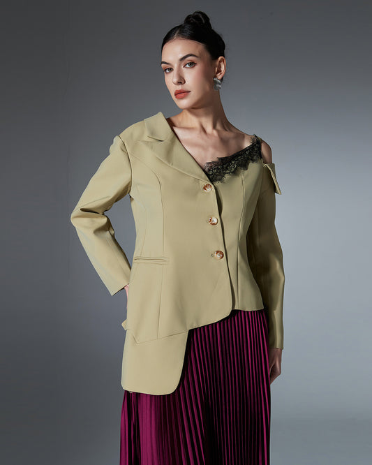 Khaki Lace Cutout Asymmetric Blazer